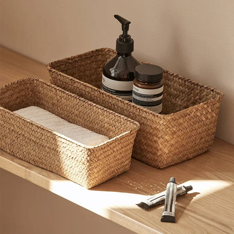 Panier de rangement pour salle de bain, boîte de rangement pour la maison, panier en herbe tressée, conteneur de rangement rectangulaire, organisateur de tiroir de cuisine pour divers articles