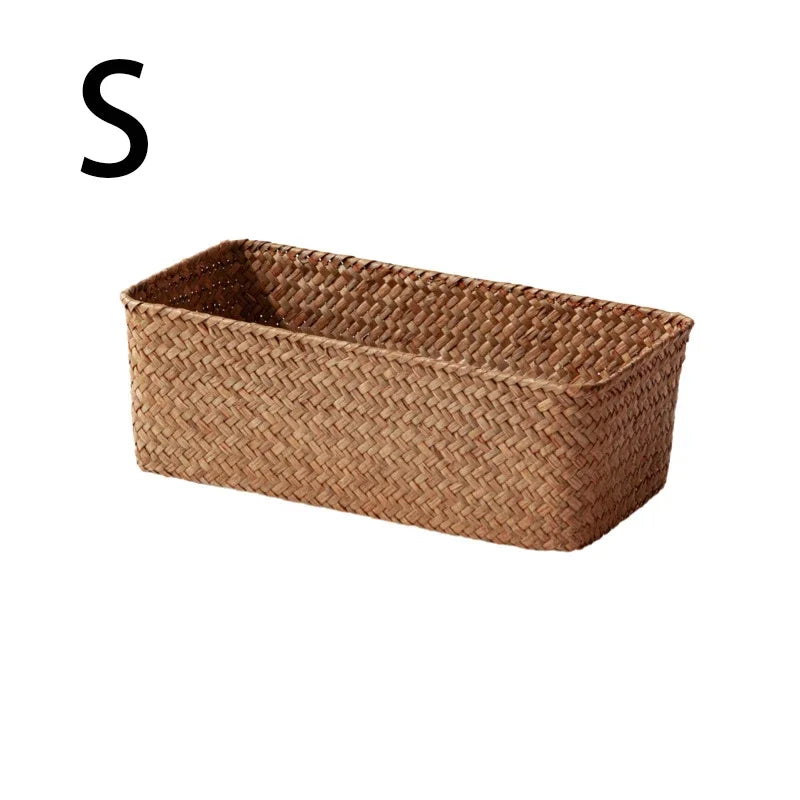 Panier de rangement pour salle de bain, boîte de rangement pour la maison, panier en herbe tressée, conteneur de rangement rectangulaire, organisateur de tiroir de cuisine pour divers articles