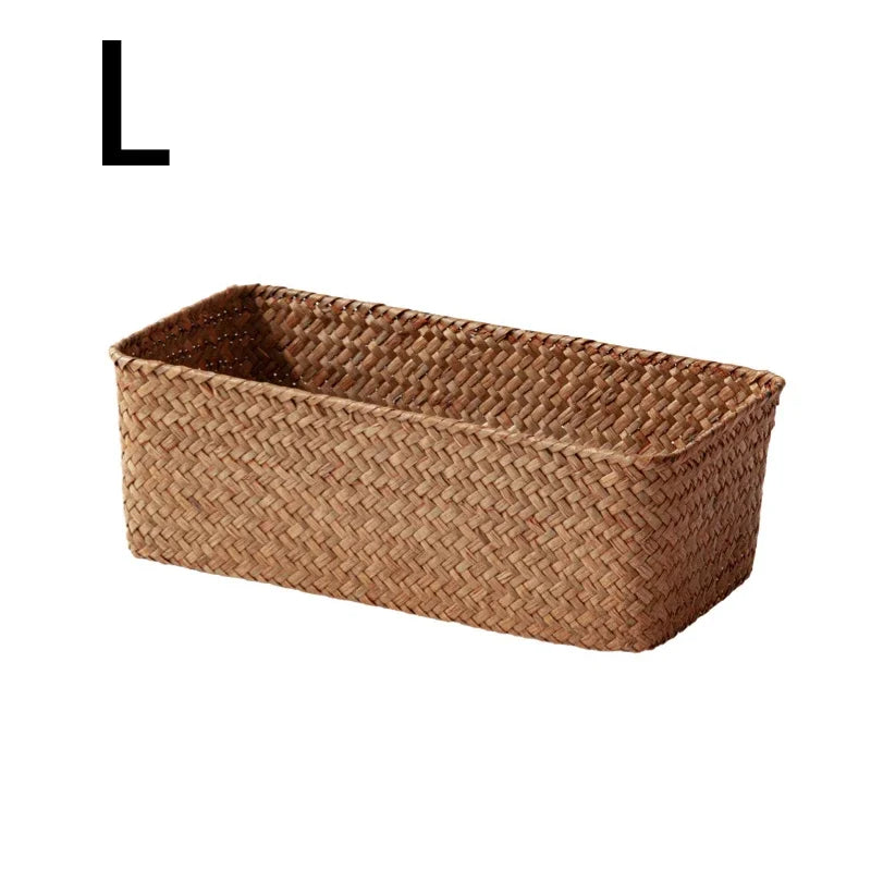 Panier de rangement pour salle de bain, boîte de rangement pour la maison, panier en herbe tressée, conteneur de rangement rectangulaire, organisateur de tiroir de cuisine pour divers articles