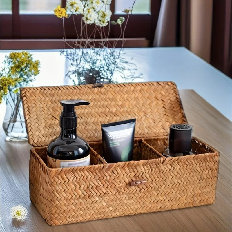 Partitioned Storage Box, Handcrafted Woven Storage Basket, Rectangular Vintage Shelf, for Home Organization Storage Containers