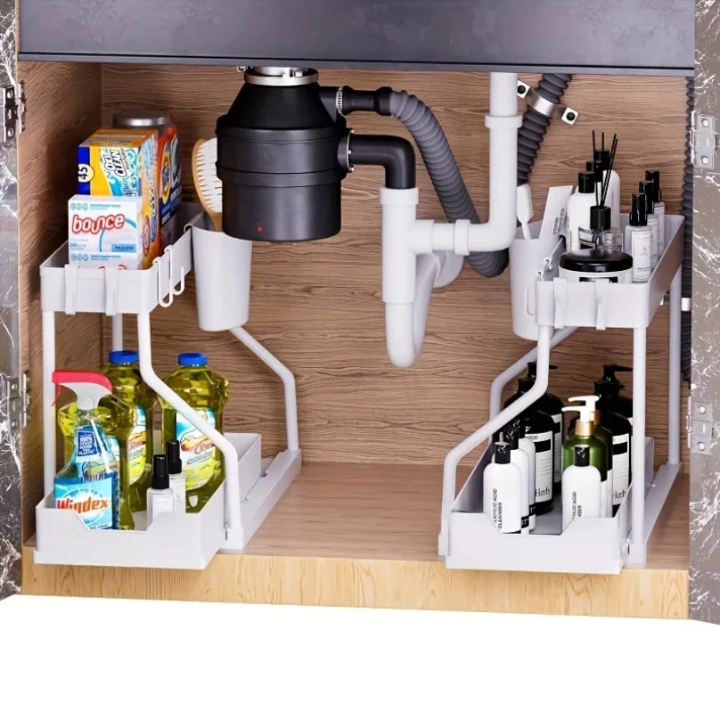 Space Saving 2 Tier Pull Out Storage Box Durable Large Capacity Kitchen Bathroom Essential Drawer Organizer