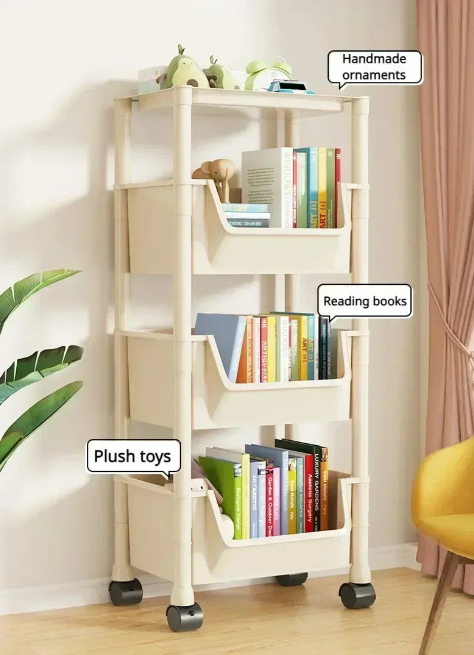 Mobile Storage Shelf] Mobile Plastic Storage Shelf Unit with Wheels - Practical Shelf for Living Room, Bedroom, Dormitory Amagi