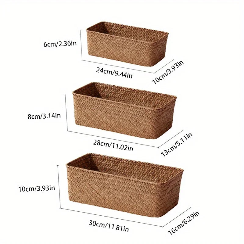 Panier de rangement pour salle de bain, boîte de rangement pour la maison, panier en herbe tressée, conteneur de rangement rectangulaire, organisateur de tiroir de cuisine pour divers articles