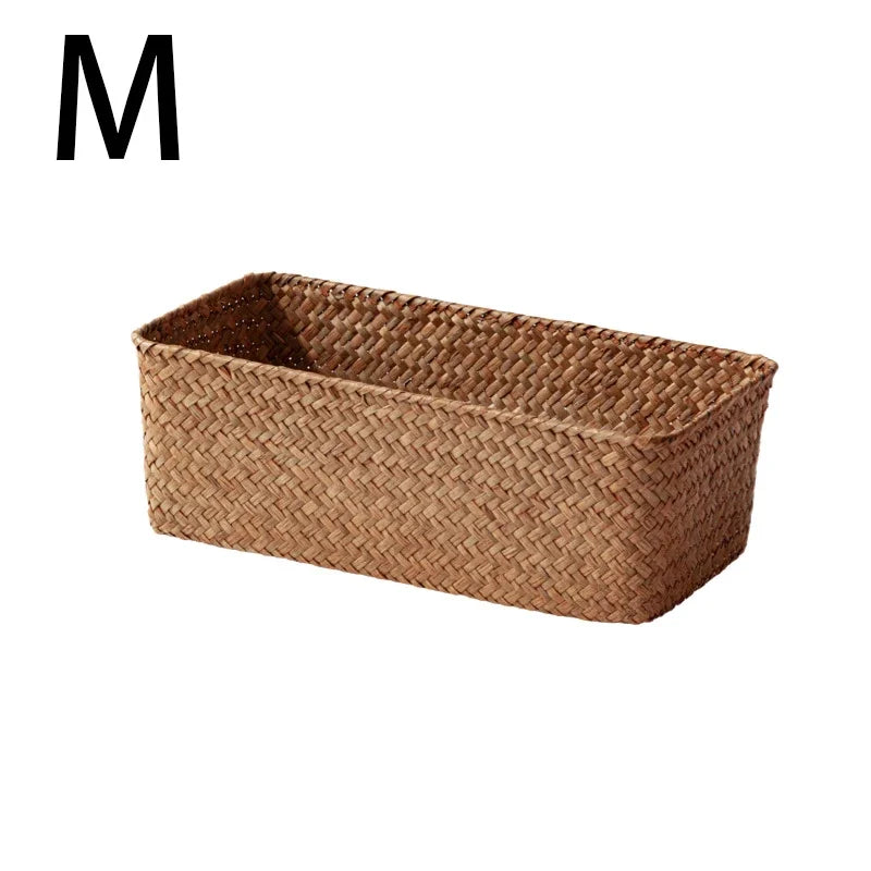 Panier de rangement pour salle de bain, boîte de rangement pour la maison, panier en herbe tressée, conteneur de rangement rectangulaire, organisateur de tiroir de cuisine pour divers articles