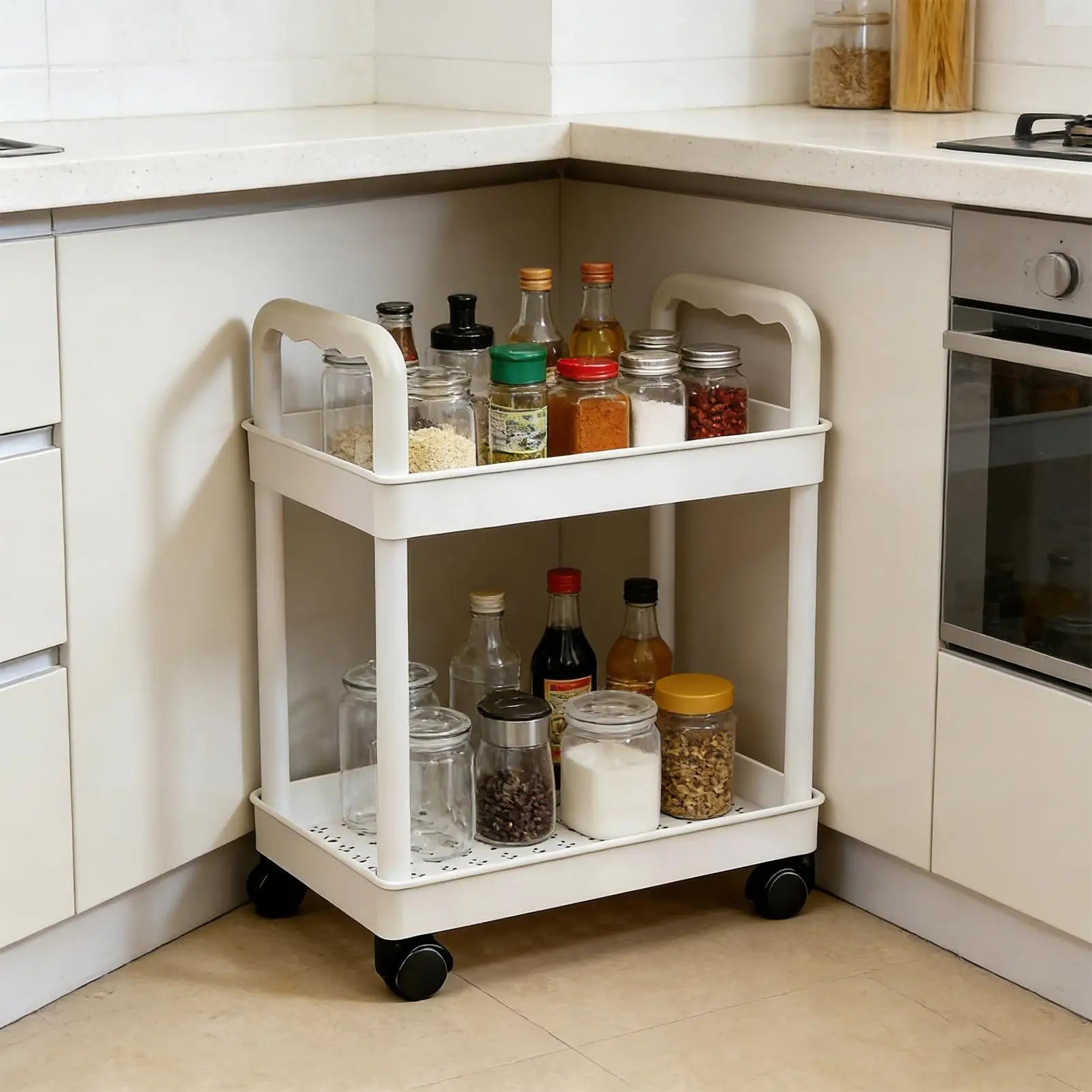 Étagère de rangement Chariot de rangement de cuisine à 2 niveaux avec roulettes Organisateur peu encombrant pour la maison, la salle de bain, le garde-manger, la buanderie, le dortoir, le lieu de travail