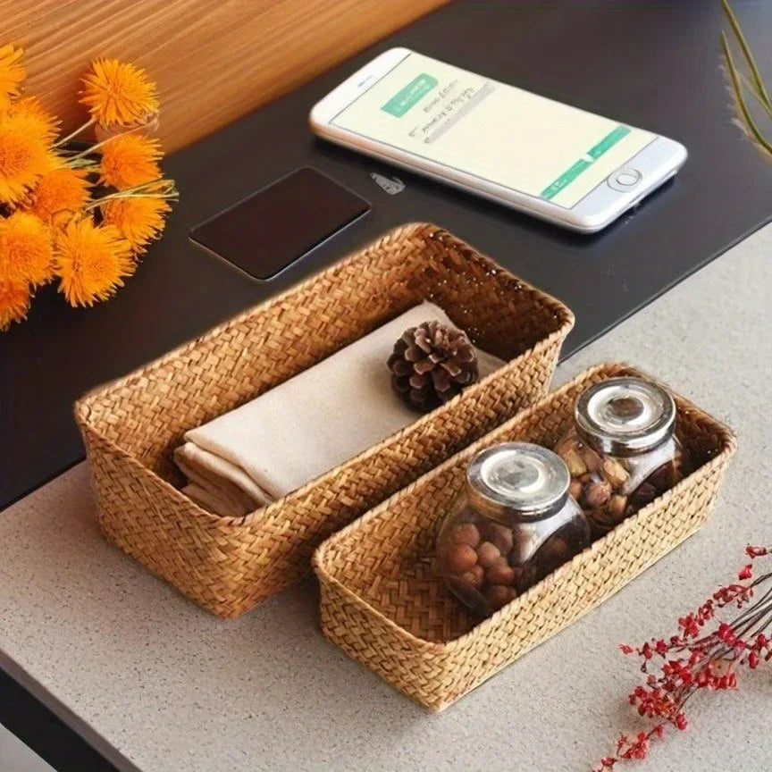 Panier de rangement pour salle de bain, boîte de rangement pour la maison, panier en herbe tressée, conteneur de rangement rectangulaire, organisateur de tiroir de cuisine pour divers articles
