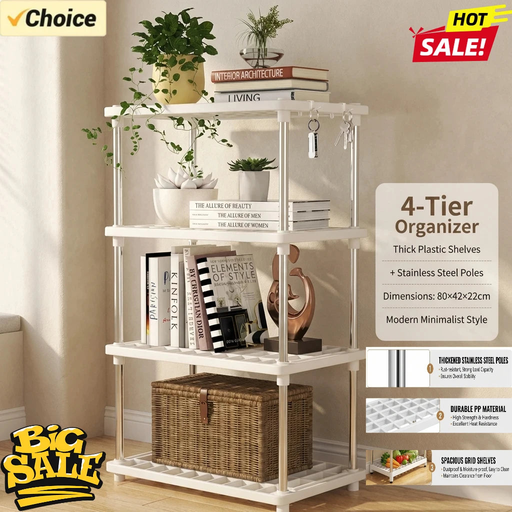 Étagère de rangement à 4 niveaux, étagère polyvalente avec poteaux en acier inoxydable pour la cuisine, la salle de bain et le salon