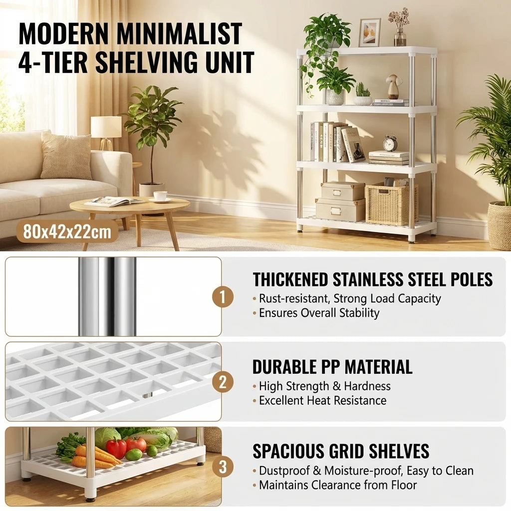 Étagère de rangement à 4 niveaux, étagère polyvalente avec poteaux en acier inoxydable pour la cuisine, la salle de bain et le salon