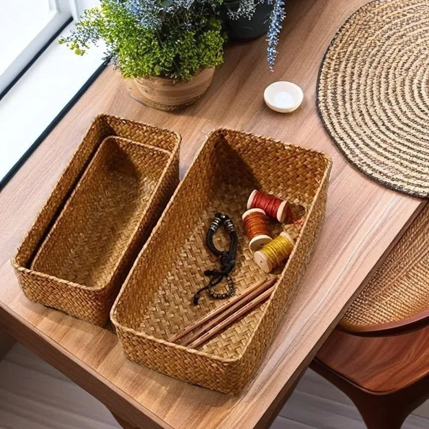 Panier de rangement pour salle de bain, boîte de rangement pour la maison, panier en herbe tressée, conteneur de rangement rectangulaire, organisateur de tiroir de cuisine pour divers articles