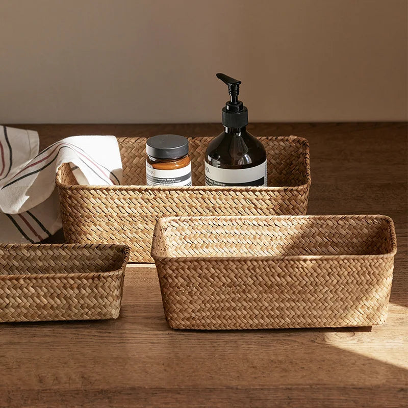 Panier de rangement pour salle de bain, boîte de rangement pour la maison, panier en herbe tressée, conteneur de rangement rectangulaire, organisateur de tiroir de cuisine pour divers articles