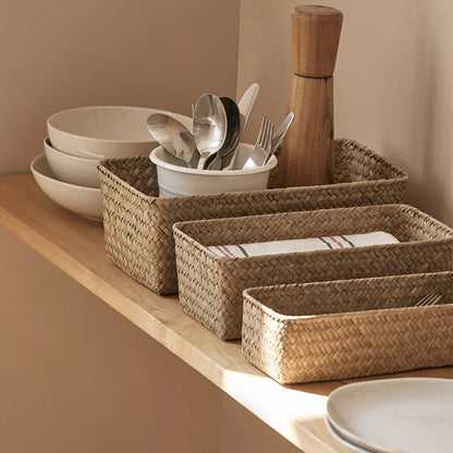 Panier de rangement pour salle de bain, boîte de rangement pour la maison, panier en herbe tressée, conteneur de rangement rectangulaire, organisateur de tiroir de cuisine pour divers articles