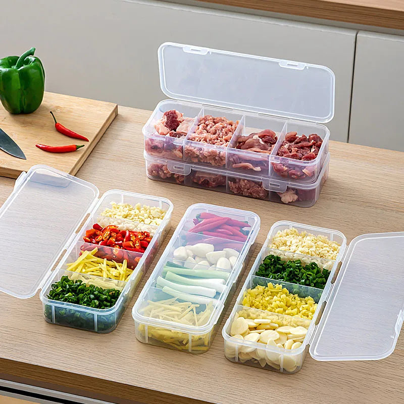 4 Grid Divided Food Storage Box Stackable Fridge Storage Container Fresh-Keeping Kitchen Ginger Garlic Green Onion Organizer Box