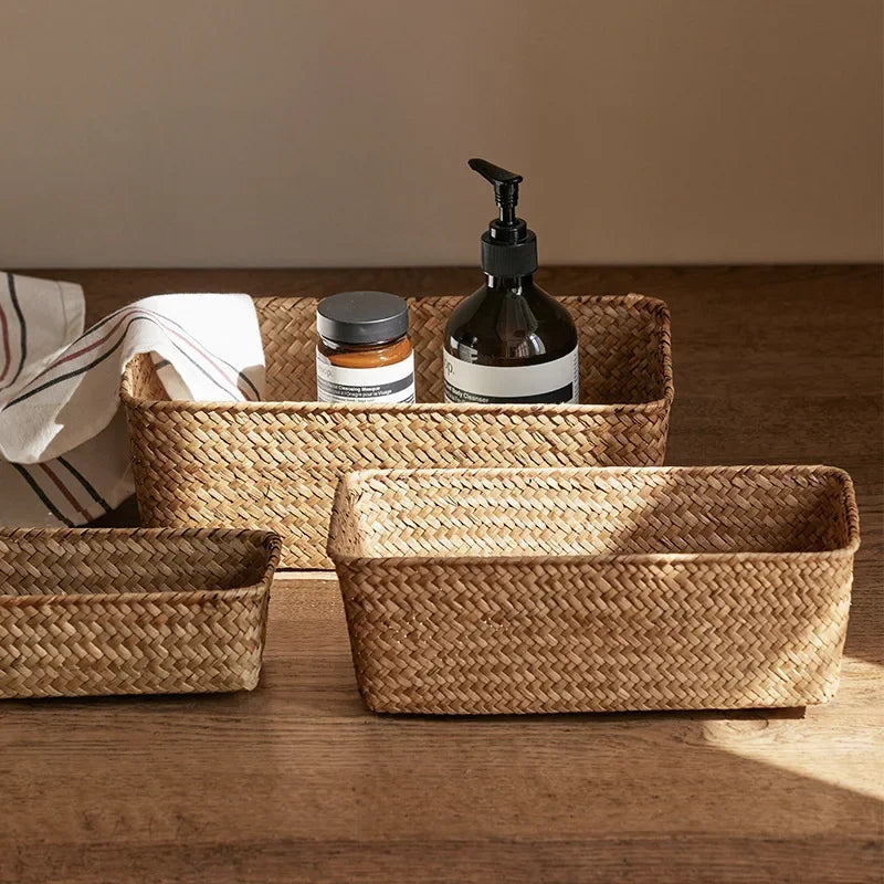 Panier de rangement pour salle de bain, boîte de rangement pour la maison, panier en herbe tressée, conteneur de rangement rectangulaire, organisateur de tiroir de cuisine pour divers articles