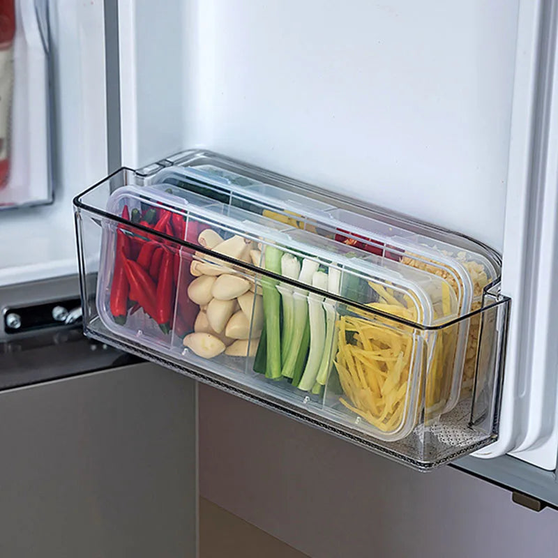 4 Grid Divided Food Storage Box Stackable Fridge Storage Container Fresh-Keeping Kitchen Ginger Garlic Green Onion Organizer Box