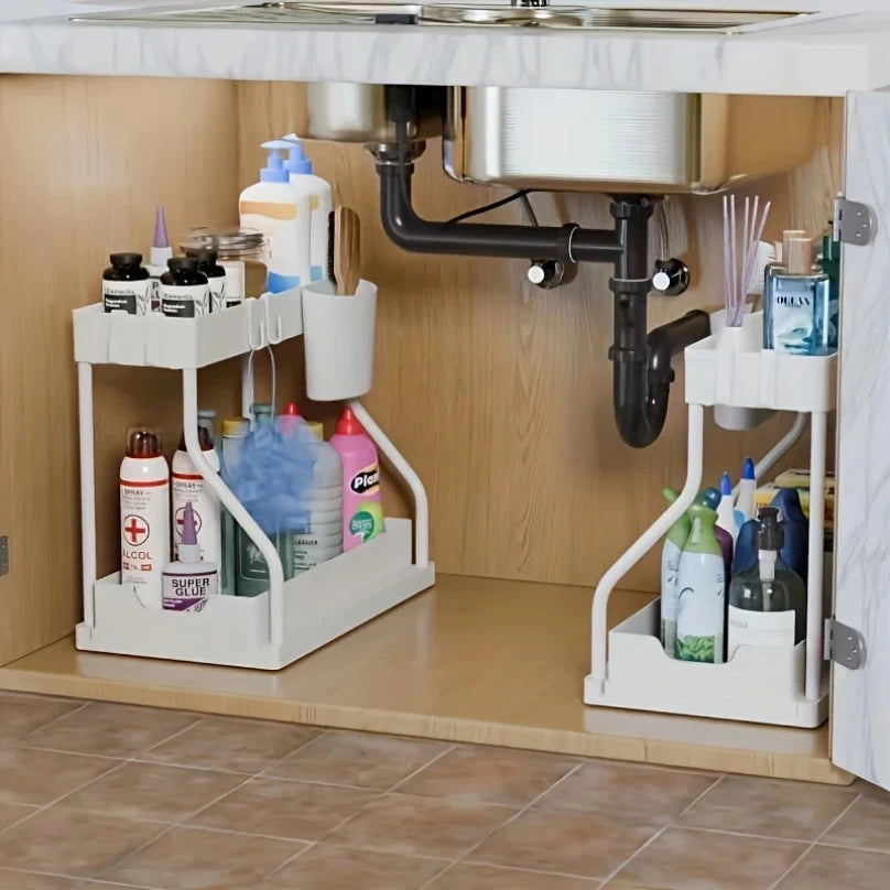 Boîte de rangement coulissante à 2 niveaux, peu encombrante, durable, grande capacité, organisateur de tiroir essentiel pour cuisine et salle de bain