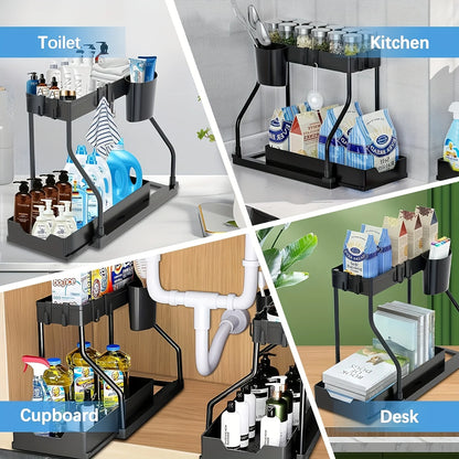 Space Saving 2 Tier Pull Out Storage Box Durable Large Capacity Kitchen Bathroom Essential Drawer Organizer