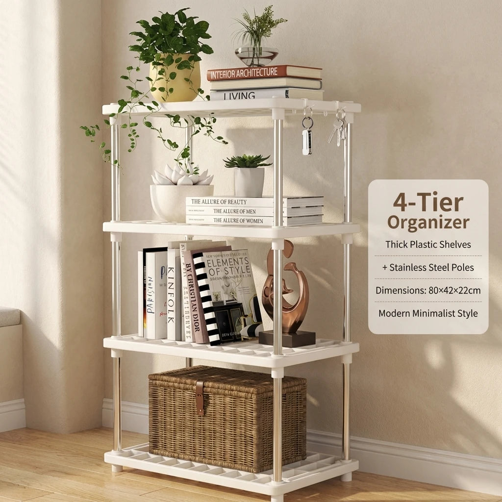 4 Tier Storage Shelf Organizer, Multipurpose Shelving Unit with Stainless Steel Poles for Kitchen Bathroom Living Room Storage