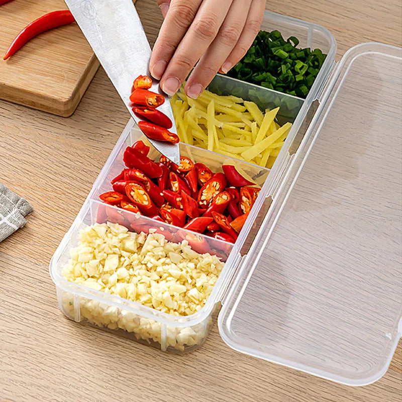 4 Grid Divided Food Storage Box Stackable Fridge Storage Container Fresh-Keeping Kitchen Ginger Garlic Green Onion Organizer Box